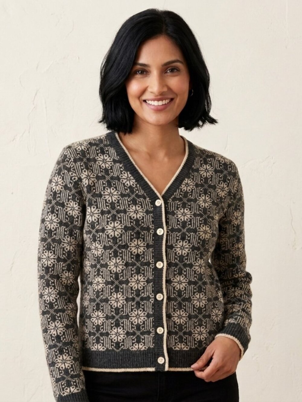GAP Charcoal Grey & Cream Fair Isle Wool Blend Cardigan Sweater Size Medium